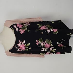 Downeast Trapeze Top Scoop Neck 3/4 Sleeve Black & Pink Floral EUC